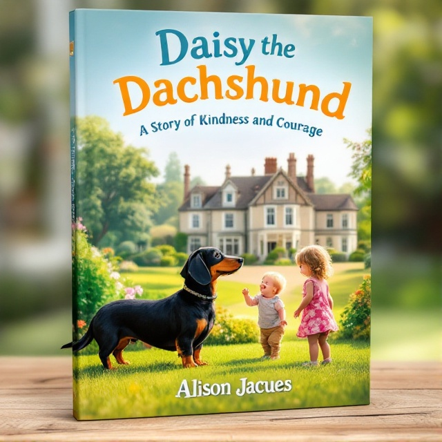A picturesque scene with a grand country house serving as the backdrop, surrounded by vibrant greenery. In the foreground, a black and tan dachshund stands on the lush lawn, facing two young children who are joyfully interacting with it. The colors are warm and inviting, suggesting an atmosphere of kindness and hope.