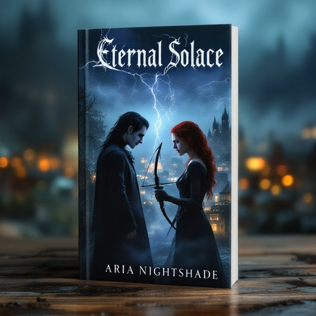 The cover features a hauntingly beautiful dark town shrouded in mist. In the foreground, two figures face each other, encapsulated in an intense, electric standoff. The vampire, with midnight black hair and light, almost ethereal eyes, stands to the left, her presence undeniably compelling. Opposite her, the hunter with striking red hair and fierce green eyes, holds a crossbow ready but lowered. Their expressions convey a mix of emotions—love, betrayal, and longing—while faint lightning illuminates their tense faces, symbolizing the stormy relationship and underlying fear and desire.