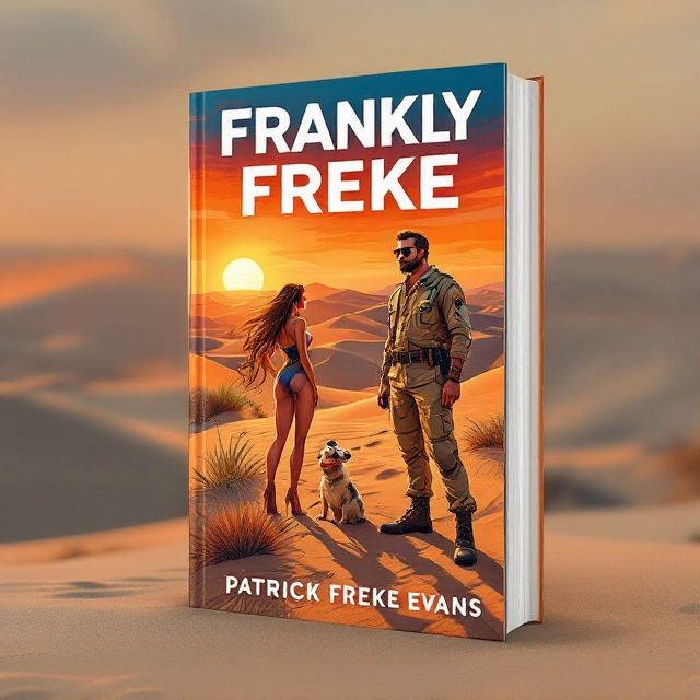 A whimsical illustration depicts a charismatic military figure in desert fatigues, humorously interacting with a coy damsel and a quirky desert dweller. The background features expansive dunes under a vivid sunset, casting long shadows and adding a sense of nostalgia and adventure. The color palette is rich in warm earth tones blended with subtle splashes of vibrant colors to enhance the playful yet adventurous feel.