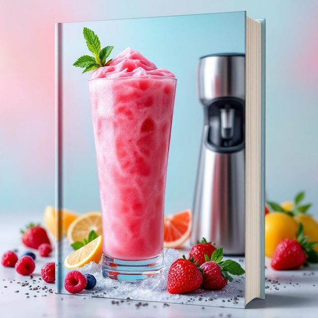 A tall, vibrant slushie glistening with crushed ice sits prominently in the center against a subtle pastel gradient background. Fresh strawberries, raspberries, citrus slices, and a mint sprig elegantly garnish the drink, evoking a sense of refreshing delight. The Ninja Slushie Machine, sleek in silver, is placed slightly out of focus in the background, hinting at its role while maintaining emphasis on the slushie. Scattered around the composition are whole fruits and sprinkles of chia seeds, enhancing the healthful theme.