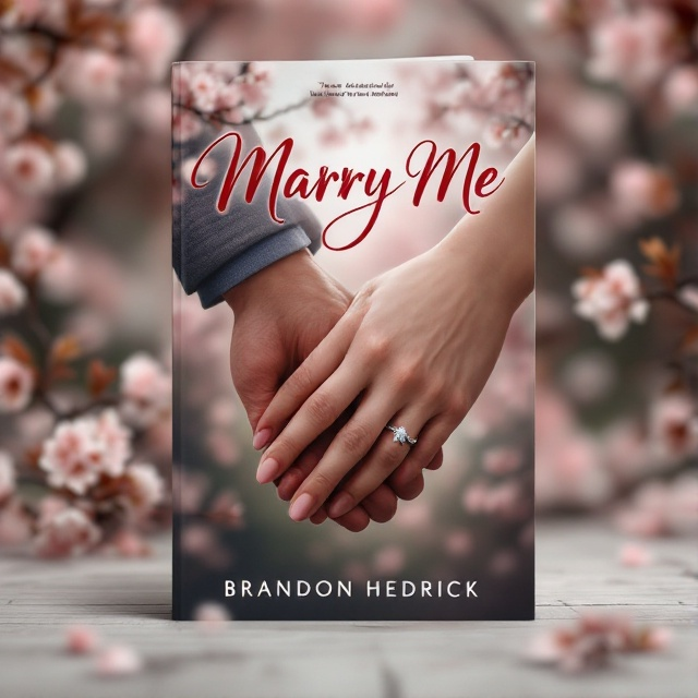 A close-up of intertwined hands with an engagement ring visible, set against a soft-focus background of blooming cherry blossoms. The color palette incorporates shades of pink, red, and white to evoke a sense of romance and tenderness.