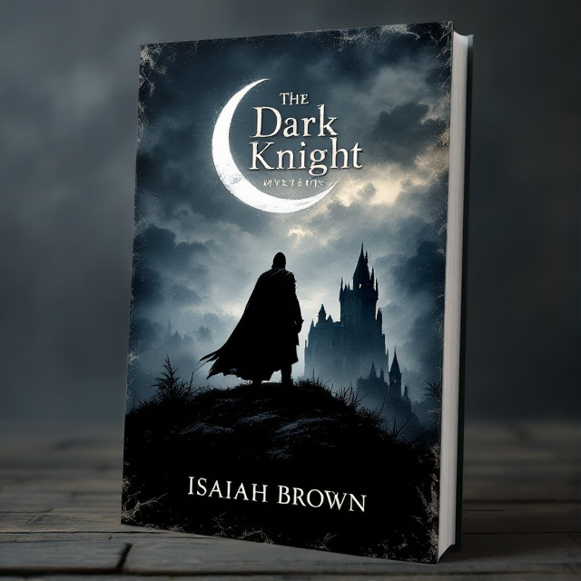 Shadowy silhouette of a medieval knight standing on a hill under a crescent moon. Dark clouds swirl above, with hints of mist surrounding the moon. Below the silhouette, a brooding castle can be faintly seen in the background, partially obscured by fog.