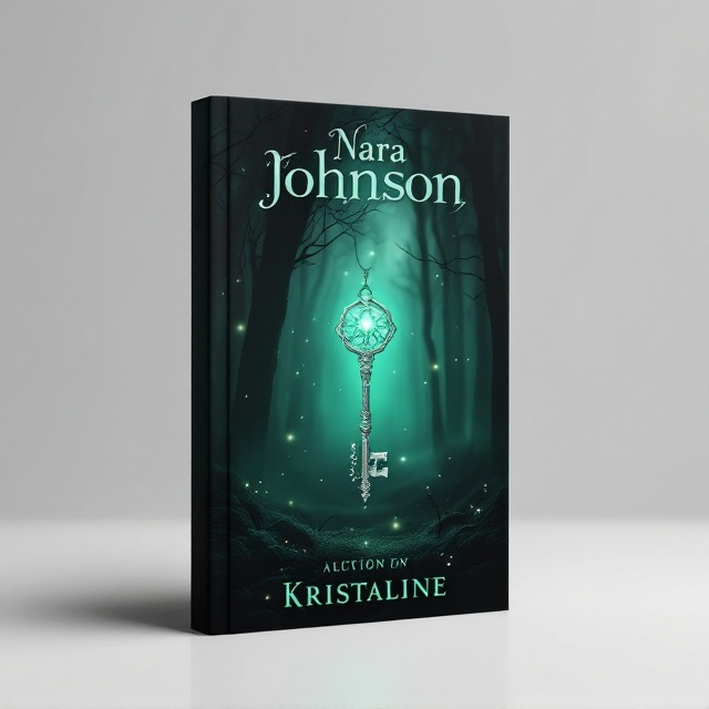 A dark, mystical forest scene with dim, shadowy trees and soft emerald green fog enveloping them. In the foreground, a silver, ancient-looking key hangs in midair, glowing with a subtle light. Tiny, sparkling lights resembling fireflies dance around the key, enhancing the magical atmosphere. The cover's background is a deep noir, creating a dramatic contrast with the green and silver elements.