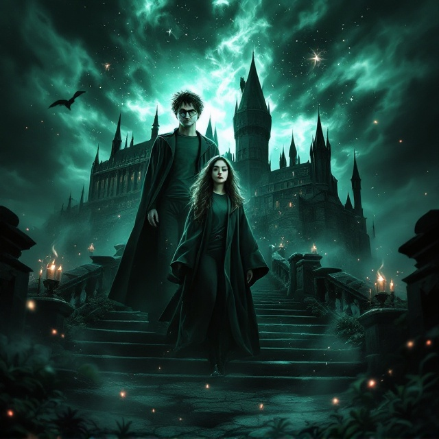 The cover features an enchanting scene set in front of Hogwarts. A mysterious sky swirls dramatically above, mixing shades of green, black, and blue. In the foreground stands an Asian girl in a Slytherin robe, confidently positioned between Harry Potter and Draco Malfoy, who flank her on either side. Magical elements like floating candles and sparkling stars add to the mystique, while a shadowy Hogwarts looms in the background, casting an alluring, magical aura over the scene.