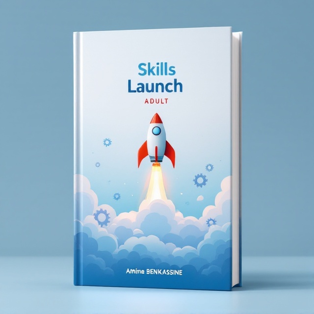 A sleek and modern design featuring a rocket launching into the sky, symbolizing the beginning of a new journey. The background is a clean, gradient blue to white, representing the boundless possibilities. Subtle gear icons are integrated into the sky to signify skills and mechanics of learning.