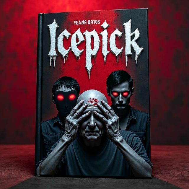 A nightmarish scene captures the horror essence where an old man with a sinister expression is poised mid-action, aggressively driving an icepick into a woman's forehead. Blood streams down, adding a visceral intensity against her pale skin. The background is a swirling mix of ominous reds and blacks, with the younger man horrified in the midst, his face a shadowy silhouette enhanced by glowing red eyes.