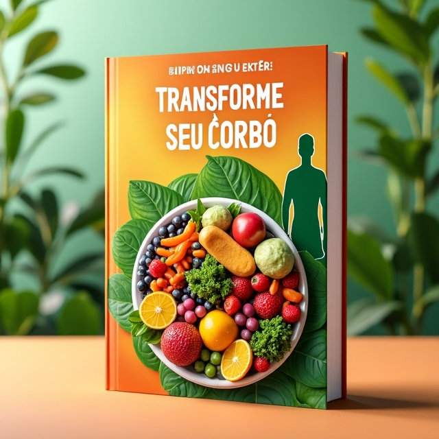 The cover features a dynamic background of intermingling shades of green and orange, suggesting vitality and freshness. At the center, an elegantly arranged plate showcases a colorful assortment of fruits, vegetables, and lean proteins, symbolizing healthy eating. To the side, a silhouette of a joyful and fit person is incorporated, representing the theme of transformation and achievement. The overall composition exudes energy and positivity.