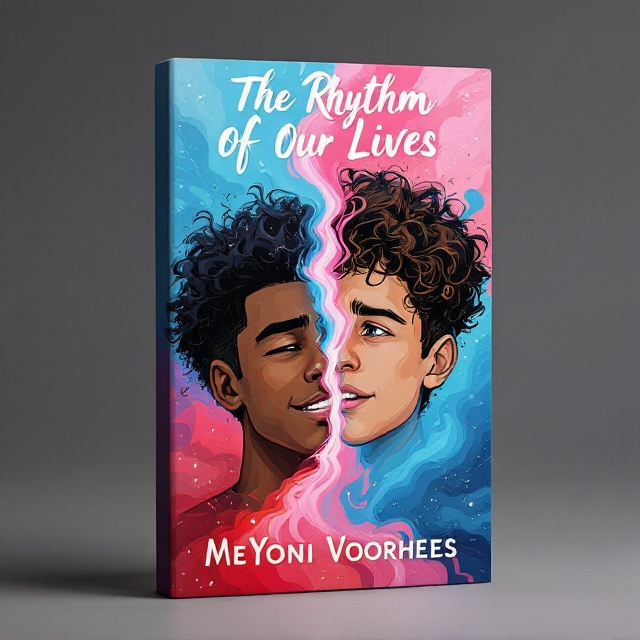 The cover is split vertically in half, presenting the illustrated faces of two teen boys, one Black with curly hair occupying the left side and one Hispanic with curly hair on the right. Their expressions blend happy, sad, and chaotic emotions. Between them, a vibrant swirl of Baby Pink and Sky Blue colors merges, symbolizing connection and contrast. The background features subtle, abstract patterns hinting at rhythm and movement, enhancing emotional depth while maintaining a clean focus on the characters.