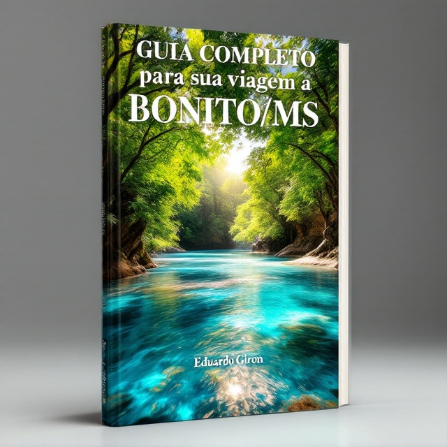 An expansive image of Bonito's crystal-clear Rio da Prata with vibrant green foliage arching over the tranquil, azure water. Sunlight filters through the leaves, casting a golden shimmer on the water surface. The cover is dominated by this serene and inviting natural landscape, embodying the allure and clarity of Bonito.