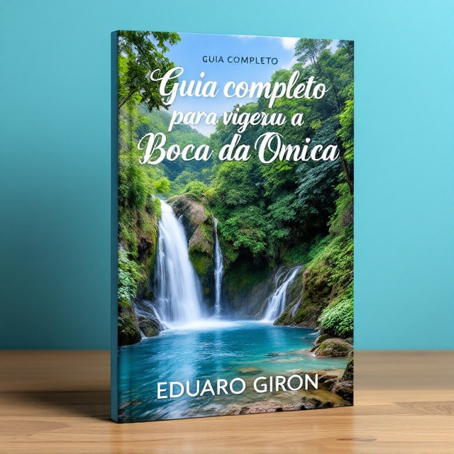 A scenic view of the Cachoeira da Boca da Onça dominates the background, showcasing its waterfall cascading into a natural pool surrounded by lush vegetation. The crystal-clear waters of the Rio da Prata subtly blend into the lower foreground, creating a serene and inviting ambiance. The sky is a brilliant shade of azure blue that complements the greens of the foliage.