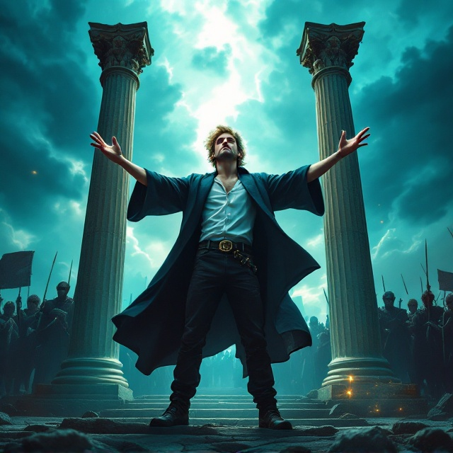 The cover features a dynamic street magician standing firmly against a backdrop of an impending army. He is framed by two towering Greek columns on either side, adding a classical touch to the scene. The young magician, with unkempt blonde hair and a baseball cap, commands attention with his outstretched arms and a gleaming magic wand. His magician's cloak billows dramatically, capturing the play of light and shadows. The primary color of blue-green imbues the sky and landscape, casting a mysterious and enchanting ambience over the scene.