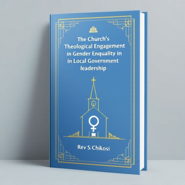 The cover features a prominent blue background symbolizing calm and authority. At the center is a silhouette of a church with a gender-equal sign subtly integrated into the design, representing theological engagement and gender equality. Above the church, a faint depiction of a local government building connects with leadership themes. The elements are surrounded by ornate, minimalist golden lines depicting both spirituality and structured governance.