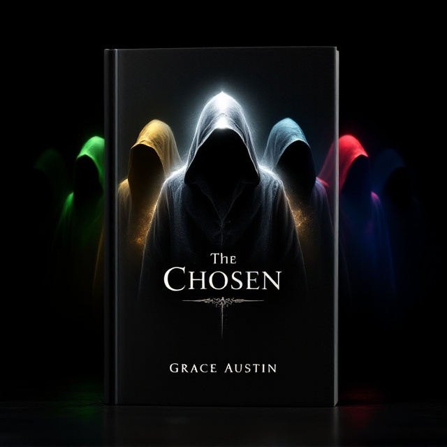 The cover features a dark black background to create a mystical and dramatic atmosphere. In the foreground, five hooded figures stand in a semi-circle formation, each evenly spaced to ensure equality in presence. Their faces are obscured, focusing attention on the glowing energies. The figure at the center emits a bright white energy, symbolizing purity and focus. To the left, another character emits a vivid sun-yellow glow, while the one next to it shines with the brightest nature green. On the right, another figure glows with clear ocean blue, adjacent to the distinct red energy of the fifth character. The energy glows intertwine subtly, creating an aura of magical synergy.
