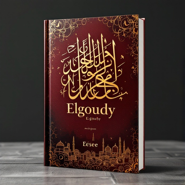 Abstract Arabic calligraphy with intricate, swirling patterns in rich gold against a deep, textured maroon background. A subtle silhouette of an ancient Arabic city skyline fades into the background, adding depth to the design.