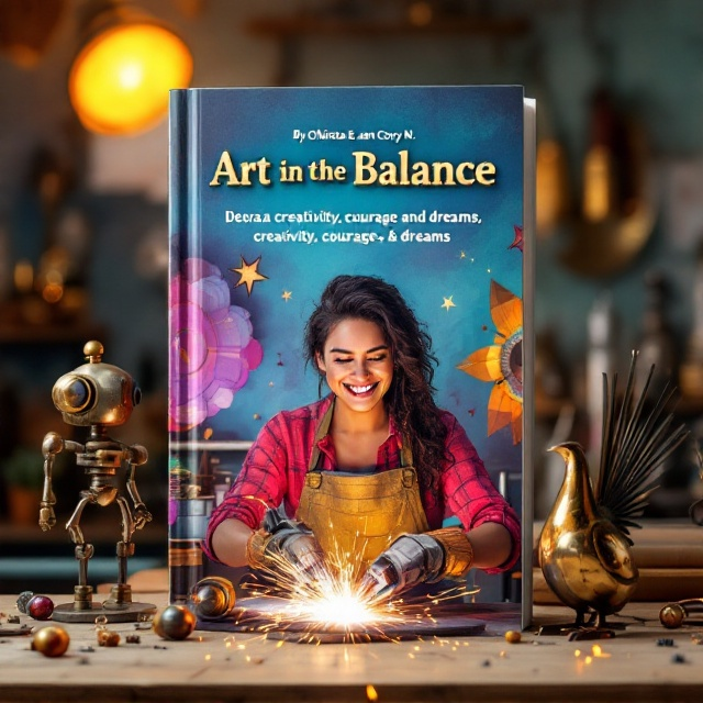 A bright, colorful scene depicts Dedra Gibson as a cheerful, lively character in the foreground. She is joyfully welding, with sparks subtly illuminating the scene. Surrounding her are whimsical and imaginative metal sculptures, such as a shiny robot and abstract bird. In the top left corner, a golden gallery spotlight shines from above, casting a warm glow over the artwork and Dedra’s determined expression.