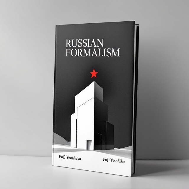 The cover features a stark black-and-white image of a symbolic "Russian formalism building" set against a gradient that transitions from black at the bottom to white at the top, symbolizing the depth and complexity of Russian formalism. A red Soviet star hovers above the building, adding a touch of color and drawing attention immediately. The building is abstract with geometric shapes integral to the design, reflecting the structured nature of formalist methodologies.