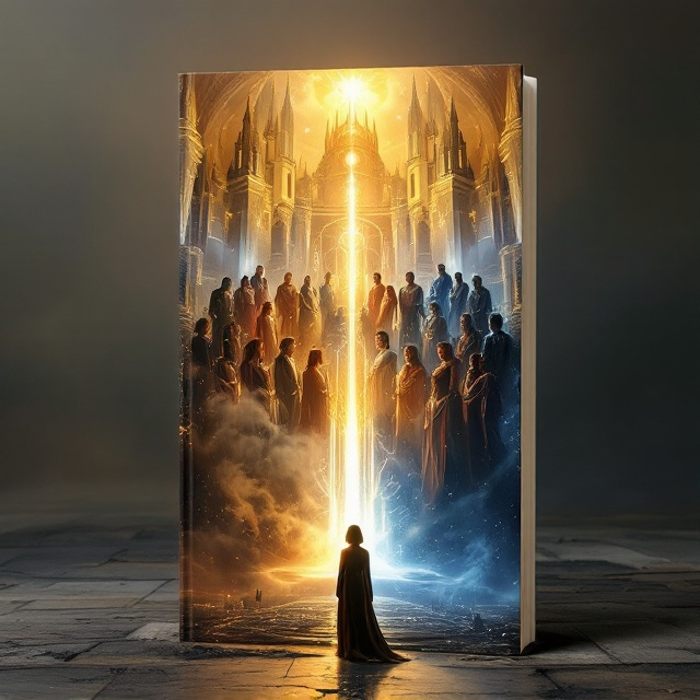 The cover seamlessly splits into two distinct halves, each reflecting the dichotomy within the narrative. The top half portrays the awe-inspiring elitist city—its ivory towers and gilded spires rising majestically against a backdrop of a golden, ethereal sky. In the foreground, the Twelve Councillors form a semi-circle, their figures imposing and marked by elaborate robes adorned with shimmering sigils. Selene stands at the edge, her face a picture of internal conflict, juxtaposed against Elio Valmont, whose hesitant pose suggests a different path. Below, the common world is a stark contrast—a washed-out industrial city, with smoke curling above dilapidated buildings. A lone figure, Lyra Solace, stands solemnly facing the barrier, a poignant silhouette defined against the shadows. The barrier itself is an arcane energy field, glowing with an otherworldly light, emphasizing the divide.