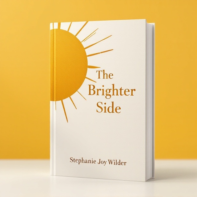 The cover features a large mustard yellow sun emerging from the top left corner, its leathery texture intertwined with streaks of cognac brown for depth. The sun's rays extend subtly across the matte ivory background, casting gentle shadows. At the center is the staggered title, "The Brighter Side," descending gracefully in a modern, sleek style. Below the title, the author's name, Stephanie Joy Wilder, is elegantly aligned.