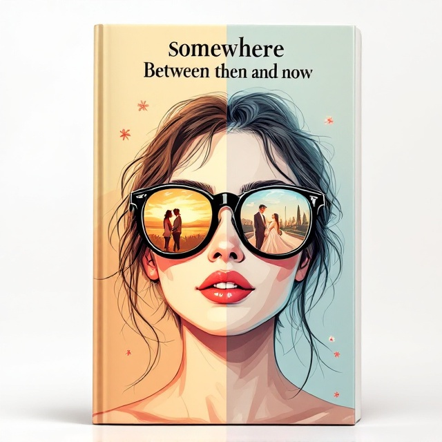 The cover features an illustrated image of a stylish young woman from the shoulders up, with oversized sunglasses taking center stage. In the lenses of her sunglasses, two distinct reflections are depicted—on the left, a teenage girl and boy sharing a joyful, innocent moment symbolizing young love; on the right, the same woman, now older, stands alone at a wedding scene, capturing a sense of introspection. The background smoothly transitions from warm peach and muted sunset orange on the left to cooler blues and creams on the right, accentuating the emotional journey from past to present. Soft floral accents and a faint car rearview mirror outline subtly interlace with the background, adding layers of depth and nostalgia.