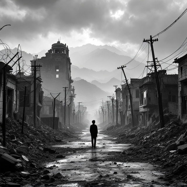 A haunting black-and-white photograph serves as the full-page background—a desolate, war-torn street in Kashmir with broken buildings and barbed wire. A hazy mountain range is faintly visible in the distant background, shrouded in mist, symbolizing both beauty and tragedy. A lone silhouette of a young individual (symbolic of Gen Z) stands amidst the rubble, looking up at a cloudy, foreboding sky. The atmosphere is stark and heavy with emotion, conveying misery and the devastating toll of conflict.