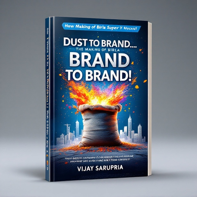 A cement bag bursting open, releasing bright, colorful particles transitioning into branding elements like a modern building skyline, logos, and charts. The top half of the cover is dominated by a deep blue background with a gradient transitioning to white, with subtle glowing effects to convey growth and transformation. A sleek ribbon-like diagonal element in blue and white frames the title prominently. Small graphical elements like a trowel, gear, and sales chart symbolize product development, marketing, and sales.