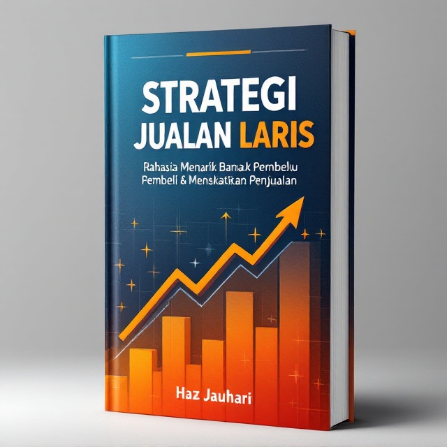 The cover will feature a graph chart illustrating an upward sales trend with arrow graphics at the center, symbolizing growth and success. The background will fade from a gradient of deep blue (top) to bright orange (bottom), giving it a vivid and professional look. Additional subtle geometric patterns will fill the background to add depth and dynamism.