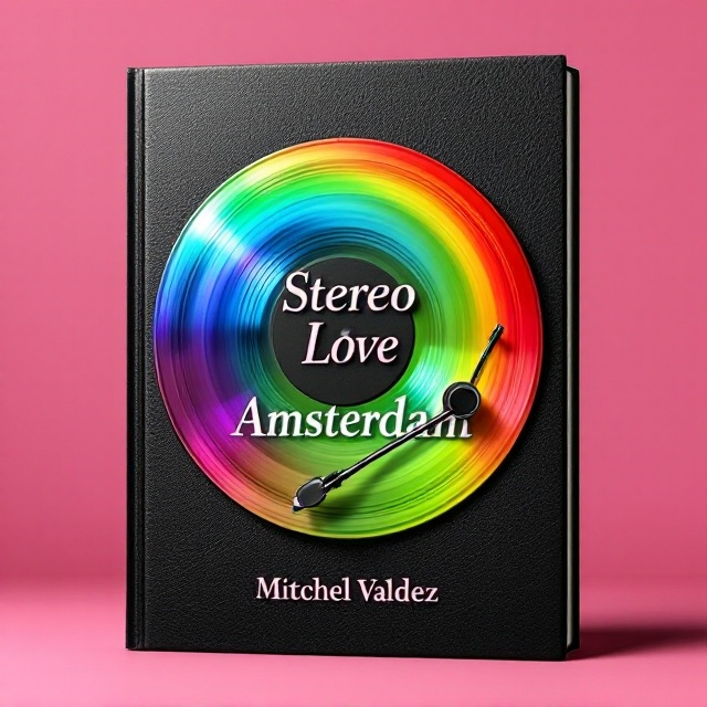 A large rainbow-colored vinyl record dominates the middle of the cover, its grooves shimmering subtly under soft lighting, providing a tactile illusion. The record is set on a textured black leather background with fine, visible stitches for a premium and realistic feel. Near the top edge, the title "Stereo Love Amsterdam" is embossed into the leather in bold sans-serif type, with the words "Stereo Love" in playful pink, and "Amsterdam" in a vibrant green to complement the rainbow palette. At the bottom portion, "Mitchell Valdez" is also embossed in a softer pink shade, harmonized with the concept colors. A vintage phonograph stylus rests gently on the vinyl at an angle, adding a symbolic and sentimental touch representative of love and music.
