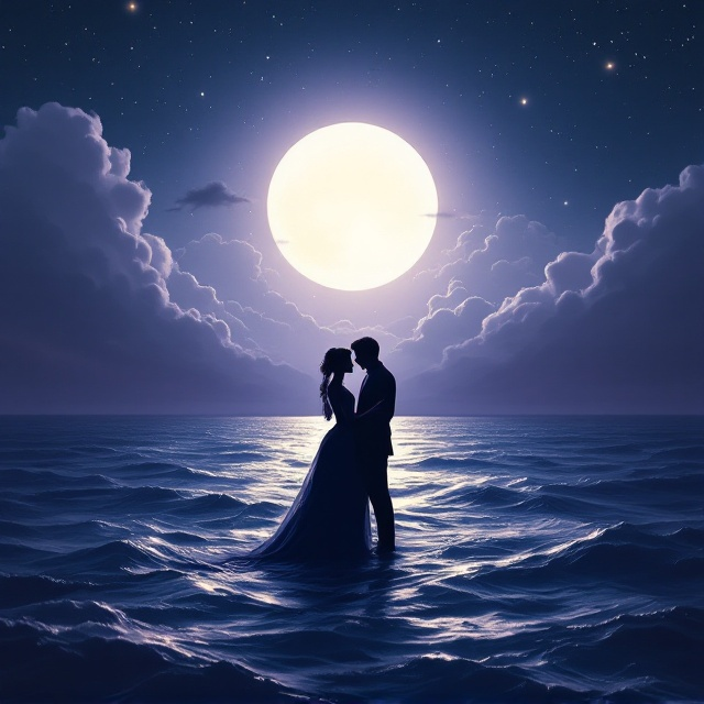 Silhouettes of Fatqell and her lover are depicted in Regency-era attire, standing in an intimate embrace under a luminous cream-white full moon. In the backdrop, an immense, undulating seascape extends towards the horizon, painted in dark blue and light purple hues. Soft, billowing clouds add a mysterious touch, while faint specks of stars grace the night sky. The silhouettes are placed prominently in the center of the cover, surrounded by a whimsical aura of moonlight.