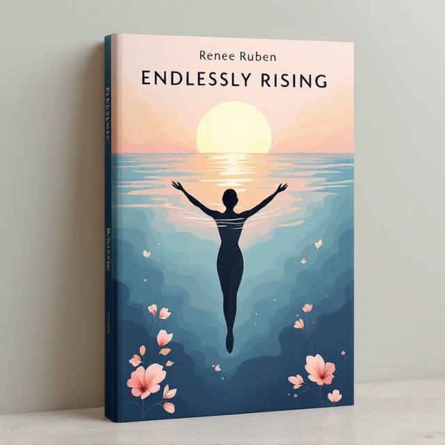 A Matisse-inspired minimalist illustration of a silhouetted woman swimming upwards from a dark sea toward a glowing light horizon. The background showcases soft pastel hues transitioning from deep indigo to gentle orange/pink tones at the top. Around her, delicate elements like hibiscus flowers and batik-inspired patterns softly frame the composition, evoking a peaceful and spiritual harmony. A faint shadow effect emphasizes movement and depth. The islands of Bali and Sri Lanka are subtly reflected in the background's fluid designs, communicating island life and nature.