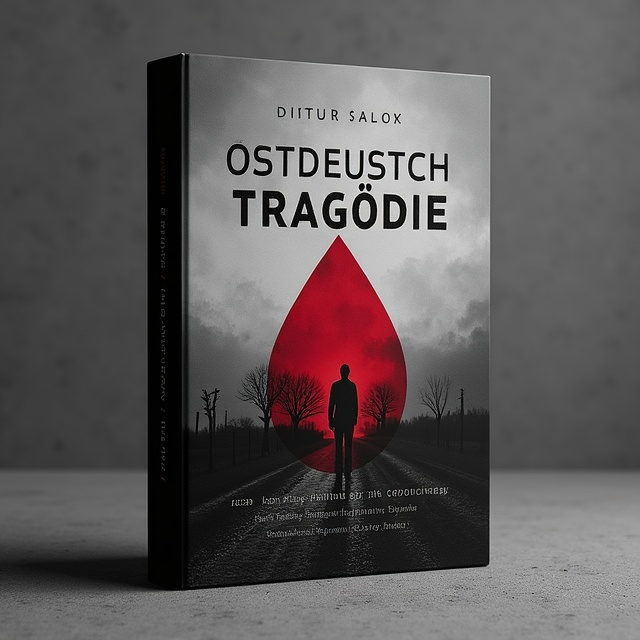 A stark black-and-white photograph of a desolate, war-stricken East German landscape takes up the cover's top two-thirds. A crimson tear-shaped drop overlays the image subtly, symbolizing loss and tragedy. At the bottom third, a fading barbed wire motif transverses horizontally, echoing themes of division and constraint. The overall tone is somber, with muted grays and blacks dominating, and the crimson accent providing a striking emotional contrast.