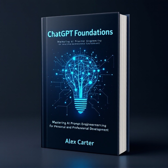 The cover features a sleek, deep blue to black gradient background, symbolizing the infinite possibilities of AI. At the center, an abstract representation of a neural network morphs into the shape of a lightbulb, with interconnecting nodes. Subtle circuit patterns trace the edges, adding depth and hinting at the complexity within.