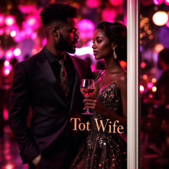 A dazzling African woman with flawless brown skin wearing a luxurious, shimmery evening gown stands near the corner of a vibrant party. Her outfit sparkles under the glow of modern, chic lighting. She is holding a wine glass delicately, with a hint of a mysterious smile. Beside her, a tall, dashing African man wears a sleek black suit with a subtle gold accent, looking at her with intrigue. The background is filled with blurred silhouettes of party-goers and pink hues from ambient lights, evoking a dreamy yet dramatic atmosphere.