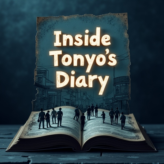 A dark-toned cover features a shadowy map of a valley faintly overlaying the background. In the foreground, a bustling street scene is illustrated with blurred images of people in motion, capturing energy and chaos. The imagery blends into the front of a shadowy journal lying open with scribbled notes and sketches spilling out of its pages, giving an intimate glimpse into the diary. The edges of the cover are surrounded by dark indigo and charcoal tones, creating a dramatic vignette.