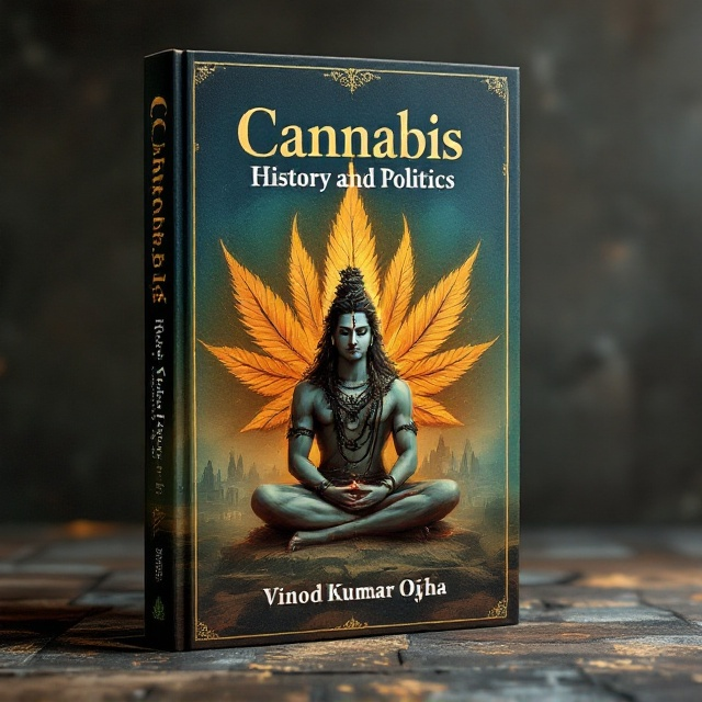 A striking image of Lord Shiva seated in a meditative posture with a backdrop of ancient temples merging into a golden-hued, vintage cannabis leaf design. The background transitions from deep indigo at the top, symbolizing spirituality, to earthy tones at the base, representing historical depth. Fine textures and patterns resembling traditional Indian art are subtly integrated in the composition to enhance cultural authenticity.