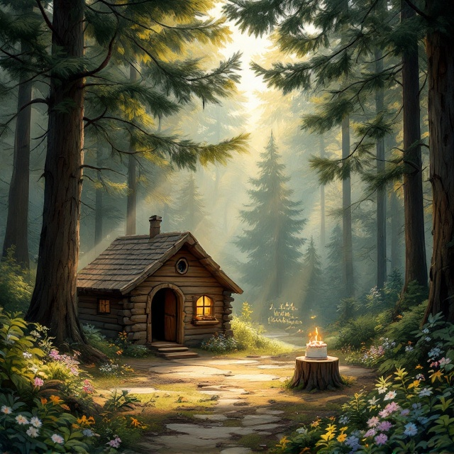 A serene yet mystical woodland setting is portrayed on the cover. In the foreground, a hand-crafted wooden fort is nestled within towering pines. Subtle rays of golden sunlight filter through the trees, casting soft shadows on the ground. Around the fort, bright pops of wildflowers and scattered leaves add life and vibrancy. There is also a faint silhouette of a solitary birthday cake (without candles) on a tree stump, almost blending into the scene as if it’s part of nature. The color palette includes earthy greens, rich browns, and hints of warm yellows with a nostalgic, painterly effect.