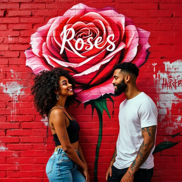 A vibrant red brick wall takes up the entire background. On the wall, a large graffiti-style rose is painted in vivid, layered hues of red and pink, with faint streaks of green for the stem. The girl with brown skin and curly hair, dressed in a casual yet trendy outfit, stands on the left side of the cover with a playful expression, slightly tilting her head towards the boy. The boy stands next to her with his arm resting on the wall; the St. Christopher tattoo on his arm is clearly visible. Their body language is relaxed yet magnetic, symbolizing intimacy and playful desire. Lighting is soft and warm, with a slight golden glow to amplify the romance.