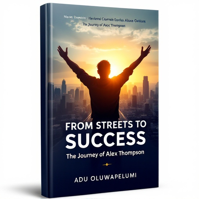 The cover features an urban cityscape in the background transitioning into a sunrise on the horizon, symbolizing hope and triumph. In the foreground, Alex Thompson is depicted as a silhouette with his hands raised high in power and celebration, against the glowing rays of the sunrise. A faded overlay of streets softly merges into the thriving cityscape, representing the journey from struggle to success. The background color fades from deep navy blue at the bottom to golden yellow at the top, indicating an emotional shift from hardship to achievement.