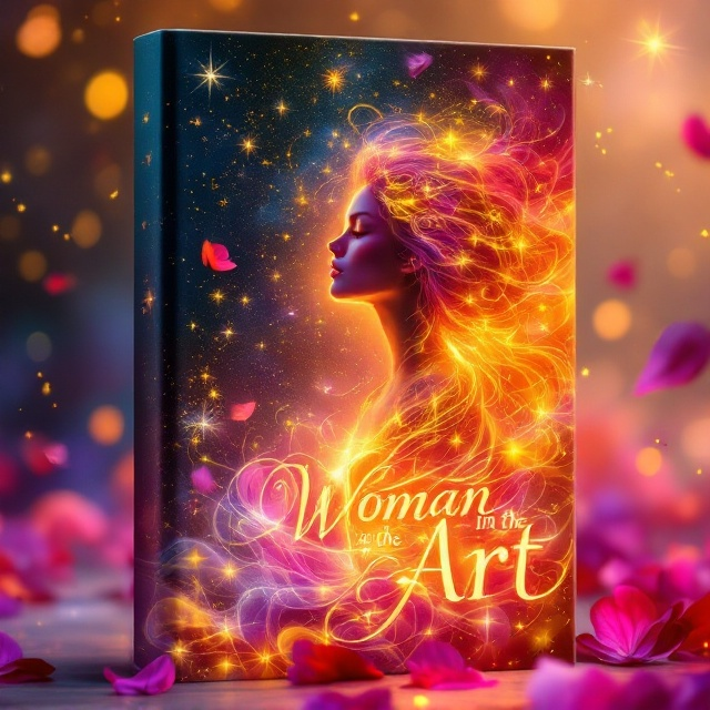 standing book mockup, Its title is "woman in the art ".  A radiant, glowing female figure, crafted from vibrant swirling colors, in an ethereal field of floating, luminous petals and shimmering stardust accents. The background transitions from deep magentas at the bottom to warm, golden yellows at the top. A faint, magical aura surrounds the figure as she gently holds a sparkling paintbrush. The sky above hints at fantastical constellations. Elegant serif font with hand-drawn swirls in the title, giving it an artistic and whimsical feel. Soft golden metallic lettering with a subtle embossed texture makes the title pop on the vibrant backdrop. The font size is large and flowing, reflecting joy and fantasy elements., The title is centered toward the top, with the glowing female figure occupying the middle of the cover. The background elements like stardust, petals, and constellations encircle her, drawing the eye inward. Negative space is balanced and intentional to prevent overcrowding, allowing focus on the central figure and title. The area where the author's name typically appears should be left completely blank, with no text or placeholder.