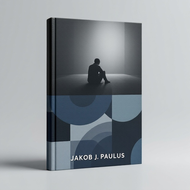 A stark, minimalistic design with a split cover. The top half features a grayscale photograph of a solitary individual sitting in a dim room, symbolizing isolation and struggle. The lower half is composed of abstract geometric patterns in muted blues and grays, representing structure but also ambiguity. A fine white line divides the two halves. The background transitions subtly from light gray to a darker shade, reflecting a serious and somber tone.