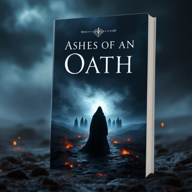 The cover features a shadowed landscape with a dramatic, stormy sky. In the foreground, a mysterious, cloaked figure stands solemnly with a path of smoldering ashes leading up to them. On the horizon, ethereal silhouettes of the Cinderen like ghostly guardians sanctify the scene, with faint, flickering flames dancing around them. Dark, swirling mists enshroud the border of the cover, hinting at foreboding secrets and ancient power.
