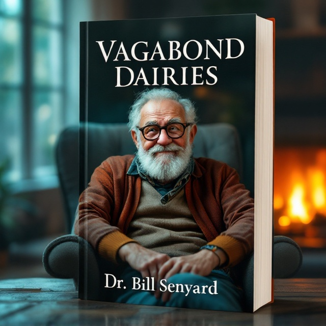 Grandpa with greying red hair, beard, and mustache sits comfortably in a plush, overstuffed chair by a gently crackling fireplace. His twinkling eyes and mischievous smirk hint at the journey he's about to take you on. Reading glasses rest on his nose, adding an air of wisdom. The warm glow of the fireplace casts a cozy ambiance across the scene, offering a serene backdrop in hues of blue-green.