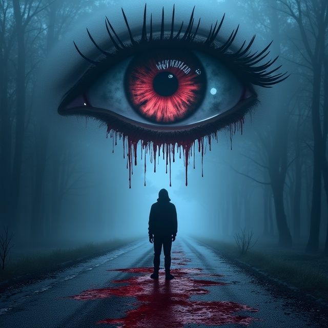 A haunting scene features a dark foggy night with a solitary dark silhouette in the middle of a blood-stained rough road. The silhouette, depicted in dark red blood, is set against a backdrop of swirling dark blue fog. A large, bleeding eye hovers above, its crimson tears dripping down onto the scene, casting an ethereal glow over the road and silhouette.