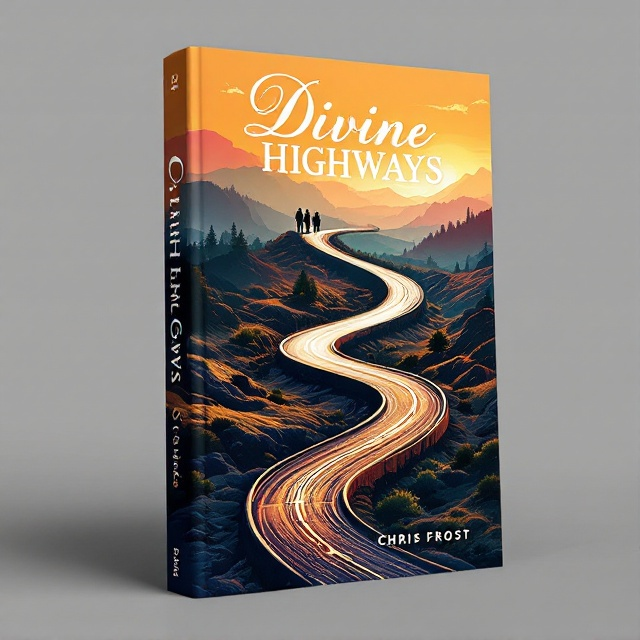 A winding highway cutting through a diverse landscape—half bathed in a radiant sunrise and half enveloped in a gentle twilight. Silhouetted figures standing at different points symbolize a journey through moments of sadness and joy. The highway serves as a metaphor for life's path, with sweeping curves leading into the horizon, suggesting continuity and hope.