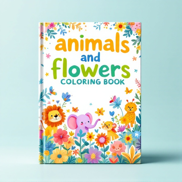 Bright and playful illustrations of cartoon animals and flowers scattered across the cover, creating an engaging and fun atmosphere. The animals could include friendly lions, elephants, and butterflies, while various flowers add bursts of color. The background is a soft pastel shade to keep the focus on the illustrations.