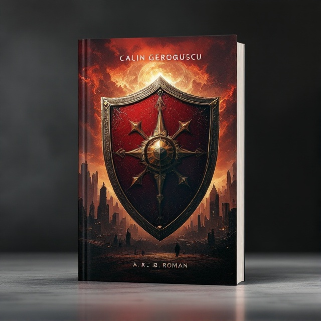 The cover features a large, bold painting of a majestic, ancient shield in the foreground, drenched in shades of red. Behind the shield is a shadowy silhouette of a science-fiction cityscape, with towering buildings and advanced technological structures. A stormy, dark sky looms above, suggesting urgency and tension.
