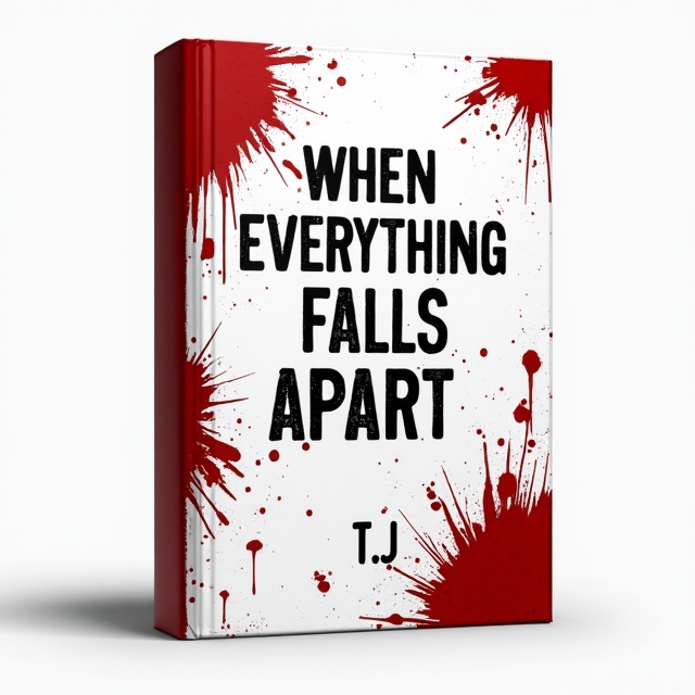The cover features a stark white background with asymmetrical blood splatters painted in a chaotic yet artistic fashion. The blood splatters are strategically placed to create a sense of unease and tension, framing the title without touching it. The blood symbolizes the ever-present fear and unknown elements in a thriller.