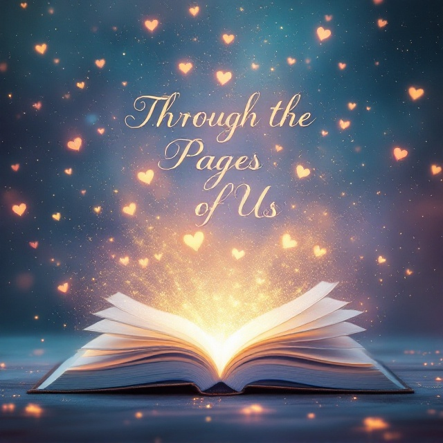 An open book is positioned at the center of the cover, with its pages glowing softly, casting gentle light across the cover. Wisps of words in a misty script gracefully float upwards from the book, intertwining slightly with each other, leading the eye upwards to a starry sky. The background is a mesmerizing blend of soft blues and purples, with hints of gold shimmering like magic dust. Subtle heart shapes emerge faintly amidst the glow and words, reinforcing the romantic theme.