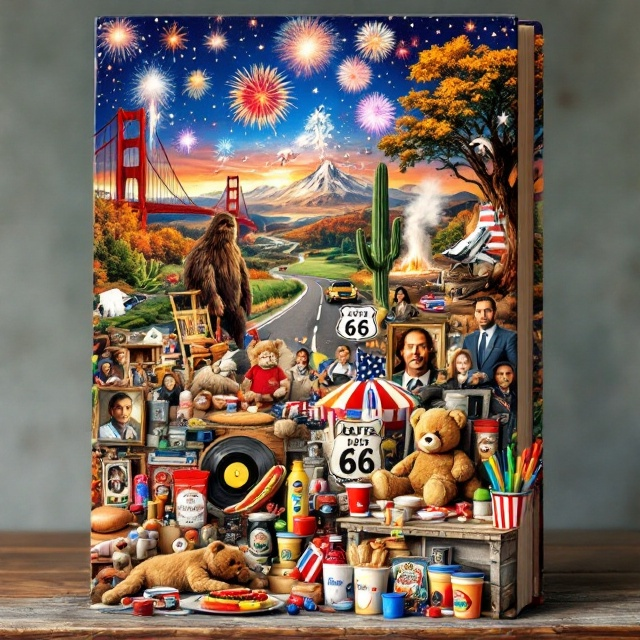 A vibrant and colorful montage features all the stated elements - fireworks illuminate the sky above the Golden Gate Bridge, with Route 66 stretching below. The foreground includes a swingset and fall foliage juxtaposed with a majestic mountain. An alligator and condor set near a launching space shuttle, with a Model T and Harley-Davidson motorcycle nearby. Old Faithful geyser erupts beside a football, as a teddy bear rests on a vinyl LP record. A rocking chair hosts a red Solo cup with a Chicago-style hot dog laying on Bigfoot's lap. Accompanying is a Pez dispenser, and portraits of Lou Gehrig and Martin Luther King, Jr. spread amongst a California redwood, saguaro cactus, and groundhog. The American flag waves in the background, adjacent to a shopping cart full of Play-Doh and Slinkies.