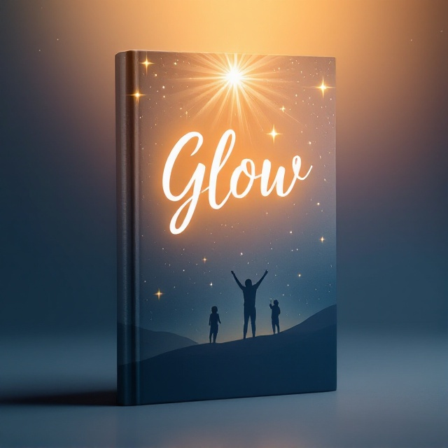 A soft gradient background that transitions from deep indigo at the bottom to a warm, golden hue at the top. In the middle, a large, luminous starburst pattern radiates light, casting a gentle glow over the entire cover. Subtle silhouettes of figures are placed in the lower third, reaching upward, creating a sense of journey and aspiration. Small scattered stars twinkle across the top half, adding a dreamy, ethereal atmosphere.