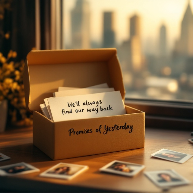 An open box of letters sits prominently on a wooden desk. The handwritten note "We’ll always find our way back" lies partially hidden under scattered Polaroids of five friends. The soft golden light casts gentle shadows across the scene, while a hazy city skyline is faintly visible in the background, suggesting memories and nostalgia.